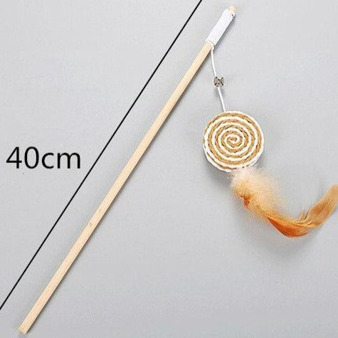 Cat Teaser Toy Wooden Stick With Feather & Bell